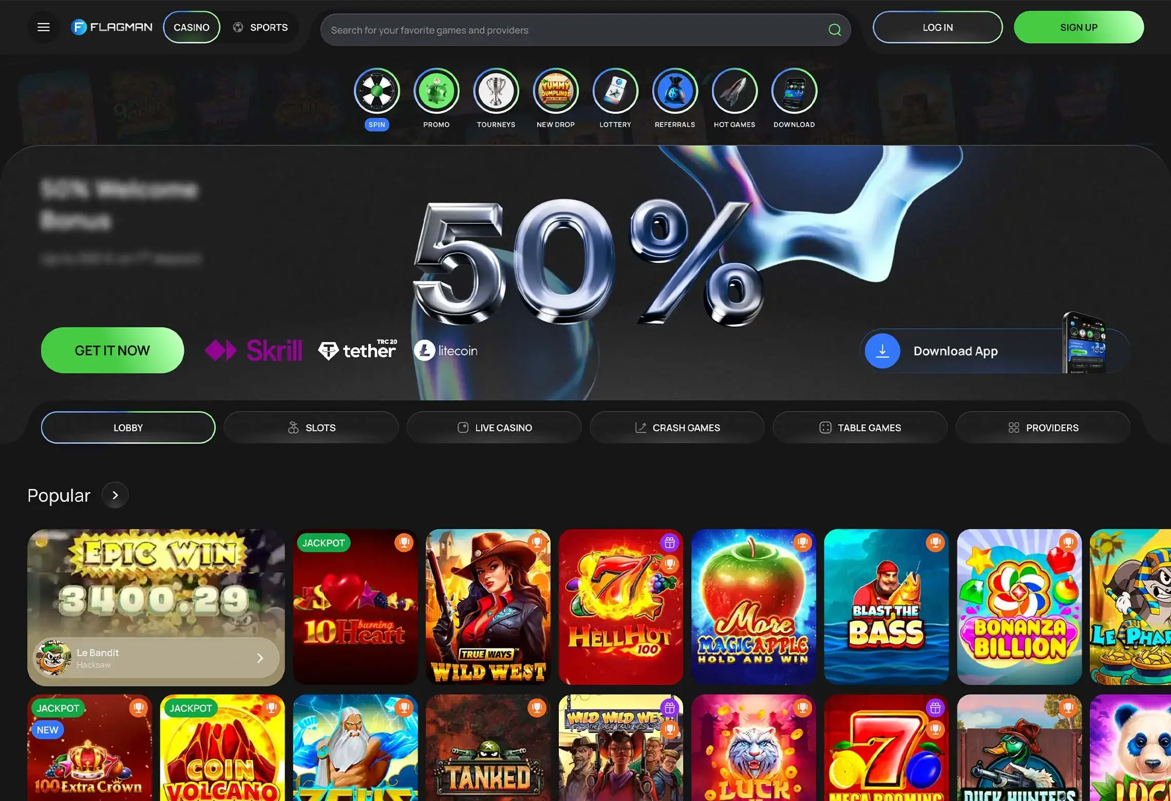 Flagman Casino Homepage Desktop Device View