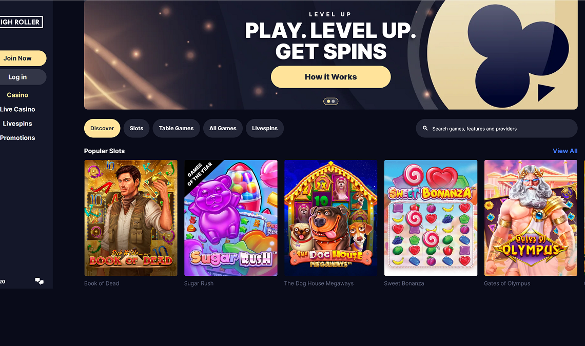 highroller homepage desktop view 