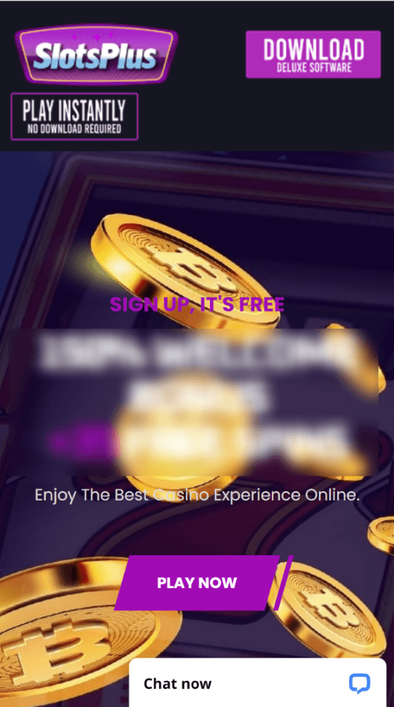mobile view of welcome screen for slots pluss casino captured oon 5/25/2023